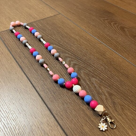 Stocking Stuffer! Handmade Pink/Gray/White/Blue Flower Lanyard - Picture 6 of 8
